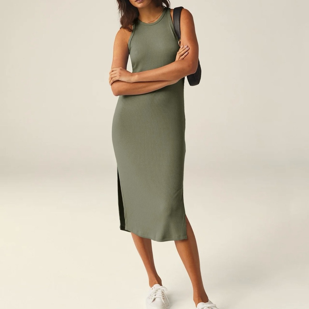 BEYOND YOGA Green Dusk Formation Tank Dress Midi Ribbed Sleeveless Size Large